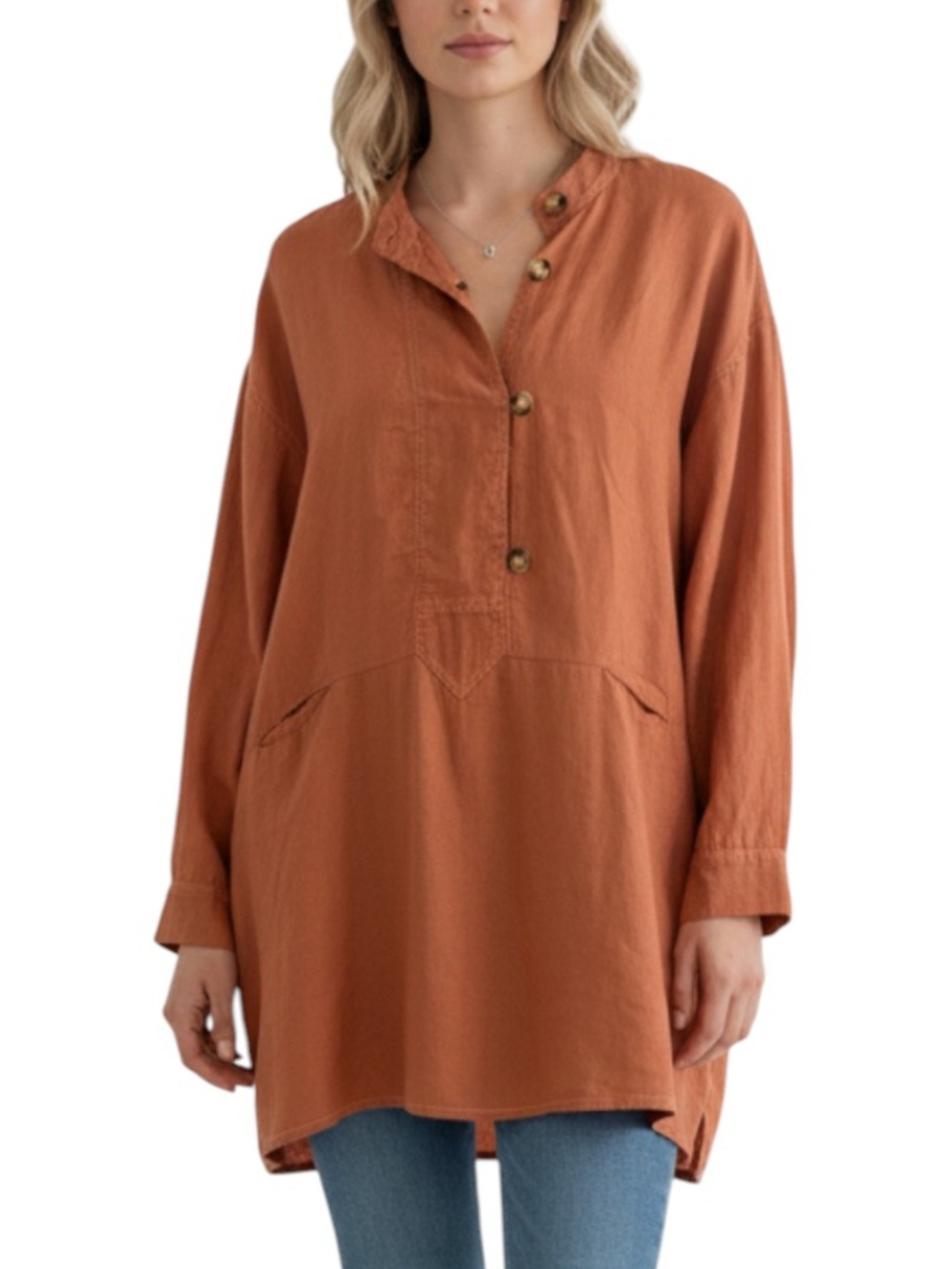 Umgee Terracota Scandinavian Linen Button-Placket Relaxed Tunic